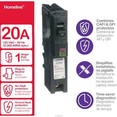 Circuit Breaker 20 Amp Single-Pole Circuit Homeline Plug-On Neutral Dual Function (CAFCI and GFCI)