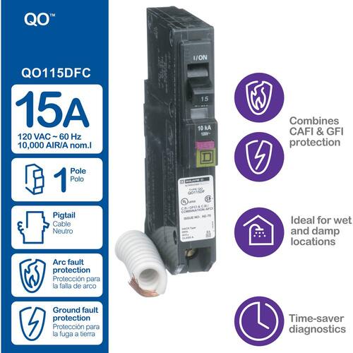 Circuit Breaker 15 Amp Single-Pole Circuit QO Dual Function (CAFCI and GFCI)