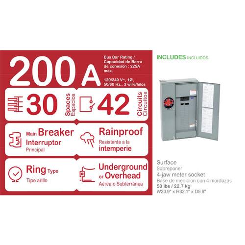 Circuit Breaker 200 Amp 30-Space 42-Circuit Homeline Outdoor Ring-Type Surface Mount Solar-Ready Main Plug-On Neutral CSED