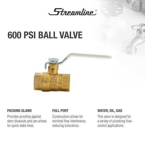 Ball Valve 1/2 in. Brass FPT Full Port with Packing Gland