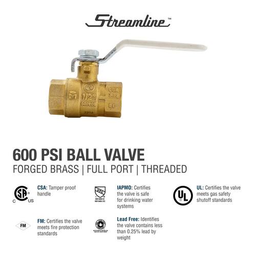 Ball Valve 1/2 in. Brass FPT Full Port with Packing Gland