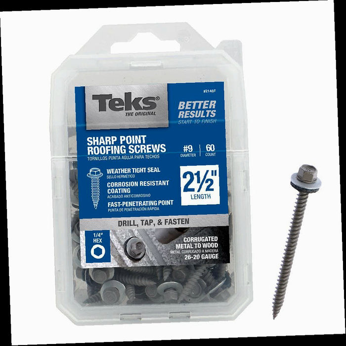 Roofing Screws External Hex Washer Head Sharp Point  #9 x 2-1/2 in. with Washer 60-per Pack