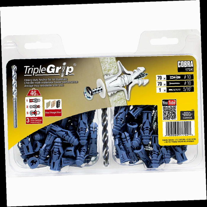 Triple Grip Plastic Self-Drilling Anchors #10 x 1-1/2 in., with Screw Philips and Slot Head 46lbs. (70-Pack)