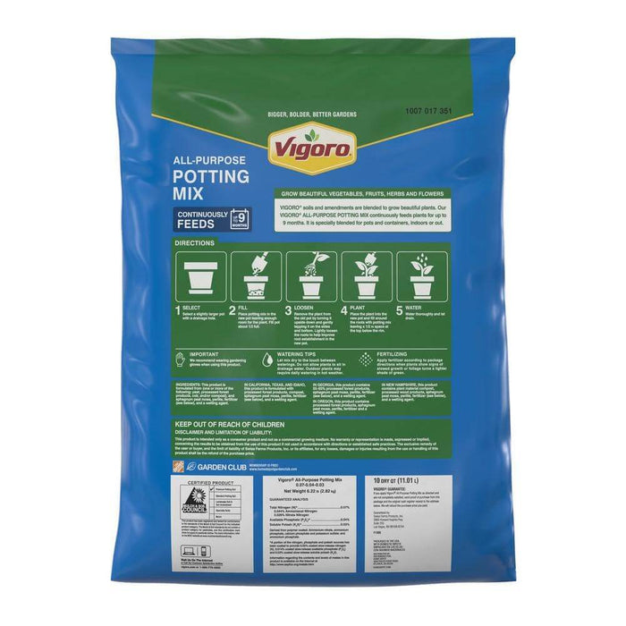 weight of potting mix Potting Mix 10 Qt. All Purpose Soil for Indoor or Outdoor Use for Fruits Flowers Vegetables and Herbs Vigoro