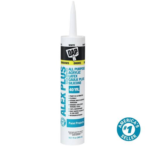 Acrylic Latex Caulk, White, Plus Silicone, 10.1 oz., Alex Plus