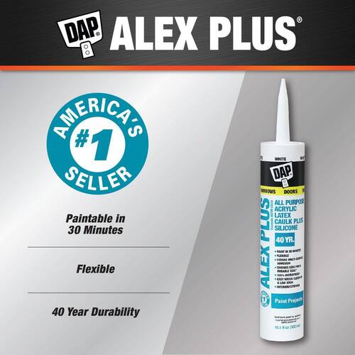 Acrylic Latex Caulk, White, Plus Silicone, 10.1 oz., Alex Plus