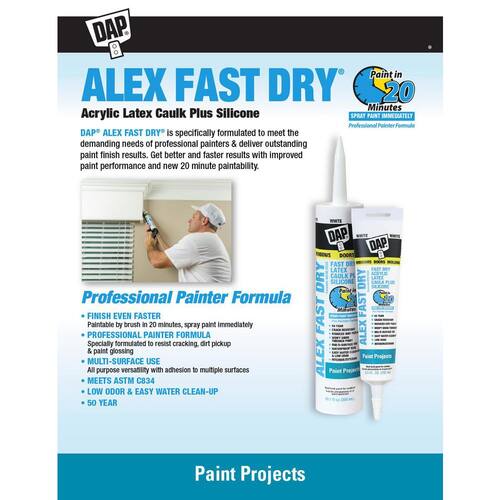 Acrylic Latex Caulk, White, Plus Silicone, Fast Dry, 10.1 oz., Alex