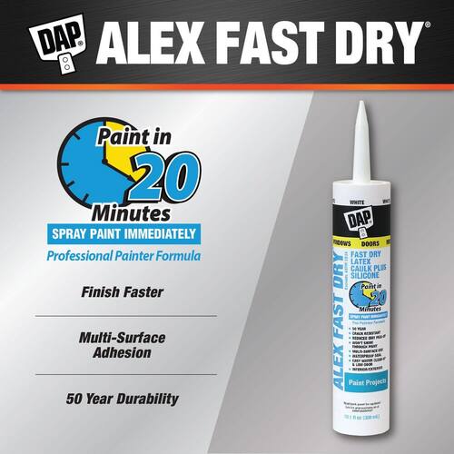 Acrylic Latex Caulk, White, Plus Silicone, Fast Dry, 10.1 oz., Alex