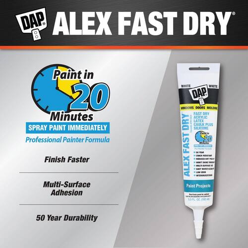 Acrylic Latex Caulk, White, Plus Silicone, Fast Dry, 5.5 oz., Alex 2