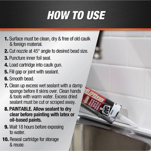 Siliconized Caulk, Kwik Seal Plus, White, Premium, Kitchen and Bath, 10.1 oz.