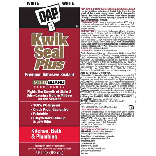 Siliconized Caulk, Kwik Seal Plus, White, Kitchen and Bath, Premium Kitchen and Bath, 5.5 oz.