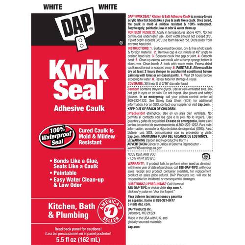 Adhesive Caulk, Kwik Seal, White, Kitchen and Bath, 5.5 oz.