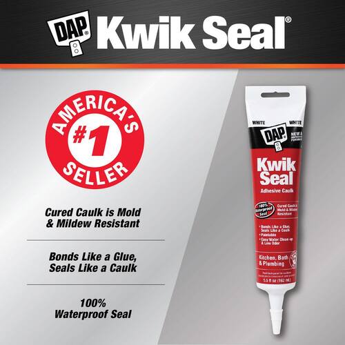 Adhesive Caulk, Kwik Seal, White, Kitchen and Bath, 5.5 oz.