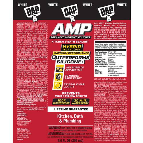 Kitchen and Bath Sealant, AMP Advanced Modified Polymer, White, 9 oz.