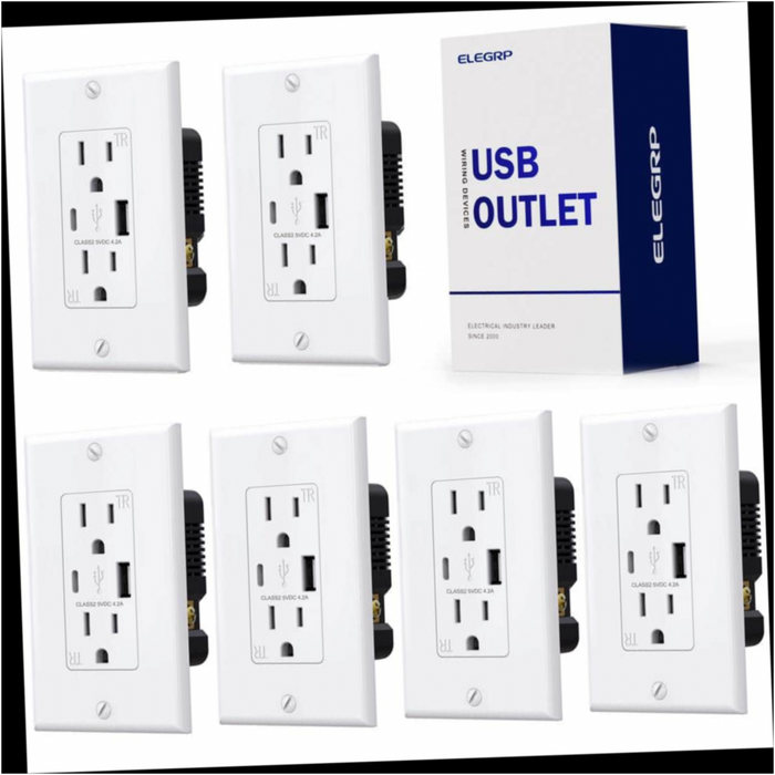 USB Wall Outlet 21W with Type A and Type C Ports, 15 Amp Tamper Resistant, Black with Wall Plate (6 Pack)