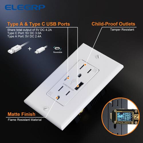 USB Wall Outlet 21W with Type A and Type C Ports, 15 Amp Tamper Resistant, Black with Wall Plate (6 Pack)