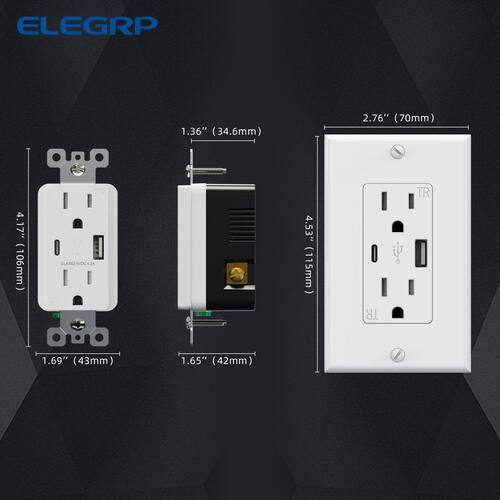 USB Wall Outlet 21W with Type A and Type C Ports, 15 Amp Tamper Resistant, Black with Wall Plate (6 Pack)