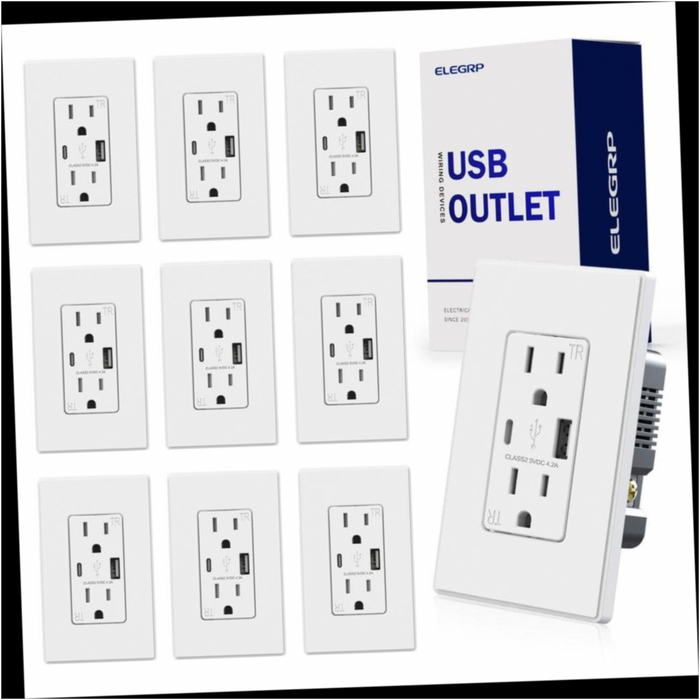 USB Wall Outlet 21W Type A and Type C with 15 Amp Tamper Resistant, Black Screwless Wall Plate (10 Pack)