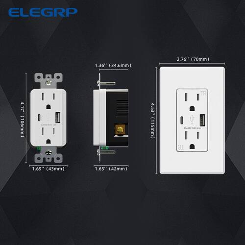 USB Wall Outlet 21W Type A and Type C with 15 Amp Tamper Resistant, Black Screwless Wall Plate (10 Pack)