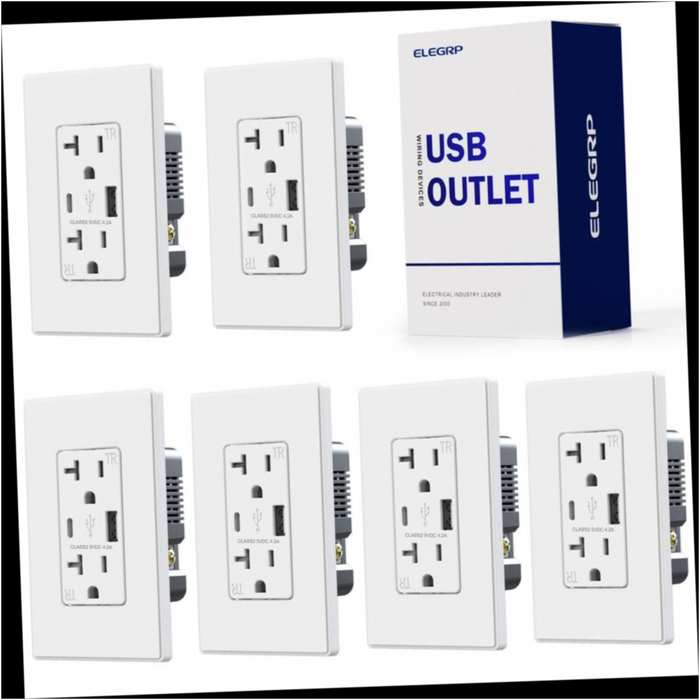 Wall Outlet 21W with Type A and Type C USB Ports, 20 Amp Tamper Resistant, White Screwless Wall Plate (6 Pack)