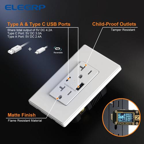 USB Wall Outlet 21W Type A and Type C Ports, 20 Amp Tamper Resistant with Screwless Wall Plate, White (10 Pack)