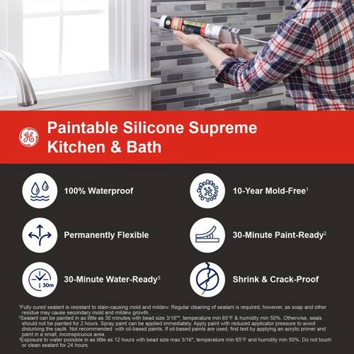 Supreme Silicone Caulk, Paintable, White, Kitchen and bath Sealant, 9.5 oz.