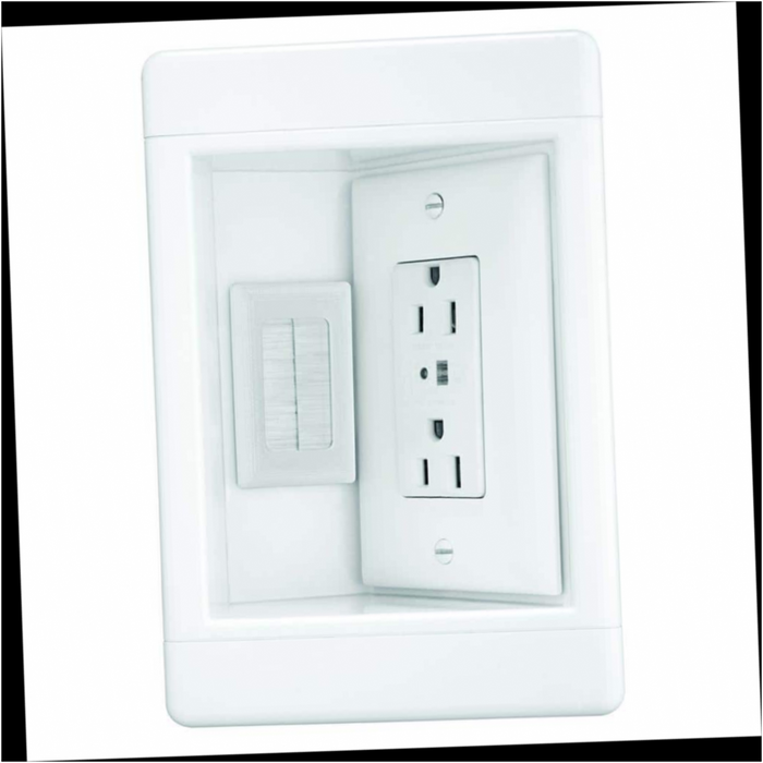 TV Media Box Kit 1 Gang Recessed with Surge Suppressing Outlet and Low Voltage Inserts, White.