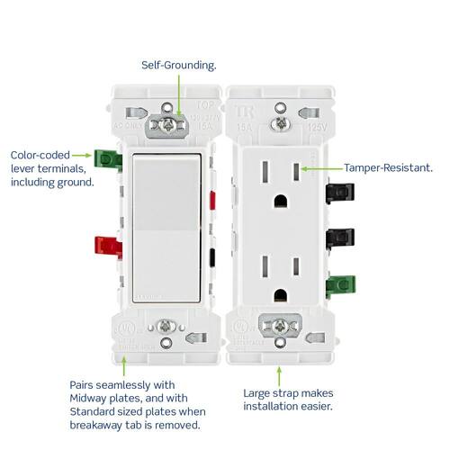 Single Pole Switch 15 Amp, White Decora Edge