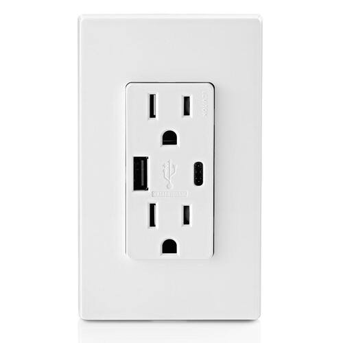 Duplex Outlet 15 Amp Decora Tamper-Resistant with Type A and C USB Charger, White (2-Pack) 5