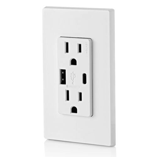Duplex Outlet 15 Amp Decora Tamper-Resistant with Type A and C USB Charger, White (2-Pack) 3