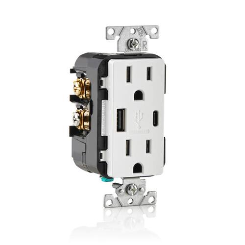 Duplex Outlet 15 Amp Decora Tamper-Resistant with Type A and C USB Charger, White (2-Pack) 2