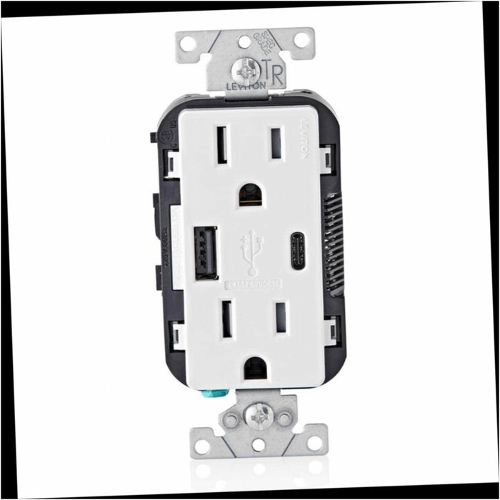 USB Charger Tamper-Resistant Outlet, White 15 Amp Decora Type A and C