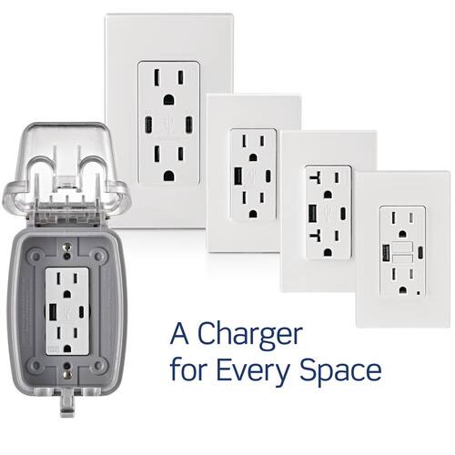 Duplex Tamper-Resistant Outlets White 15 Amp with 6 Amp USB Dual Type-C Power Delivery In-Wall Chargers