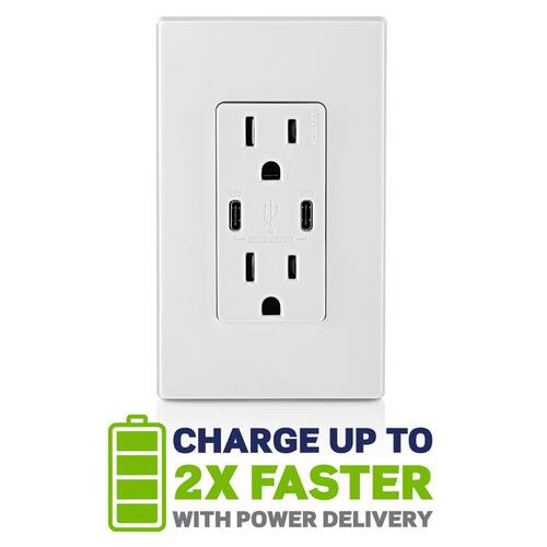 Duplex Tamper-Resistant Outlets White 15 Amp with 6 Amp USB Dual Type-C Power Delivery In-Wall Chargers