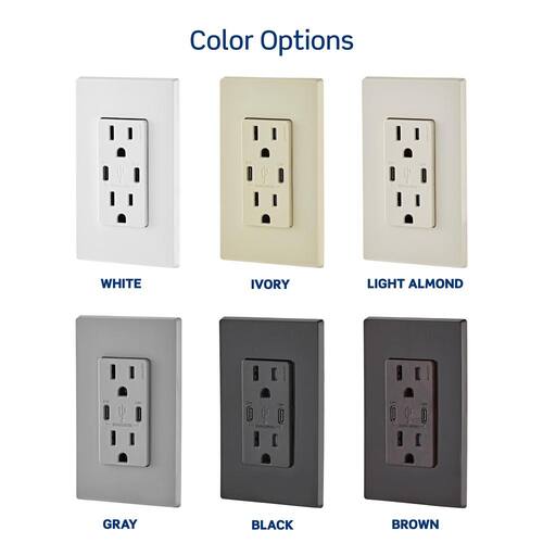 Duplex Tamper-Resistant Outlets White 15 Amp with 6 Amp USB Dual Type-C Power Delivery In-Wall Chargers