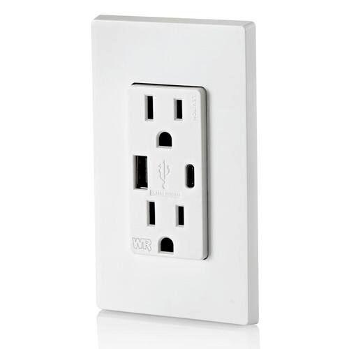 USB Duplex Outlet Weather-Resistant Type A and Type-C Ports White 15 Amp