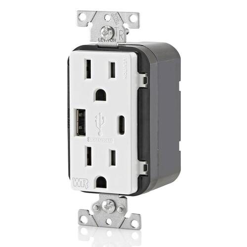 USB Duplex Outlet Weather-Resistant Type A and Type-C Ports White 15 Amp