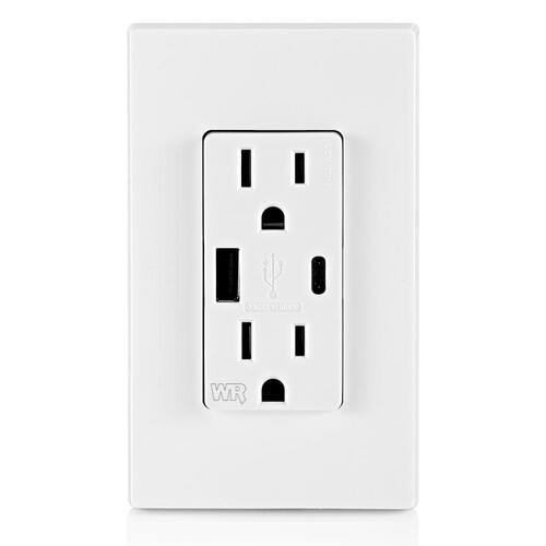 USB Duplex Outlet Weather-Resistant Type A and Type-C Ports White 15 Amp