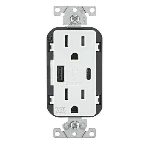 USB Duplex Outlet Weather-Resistant Type A and Type-C Ports White 15 Amp