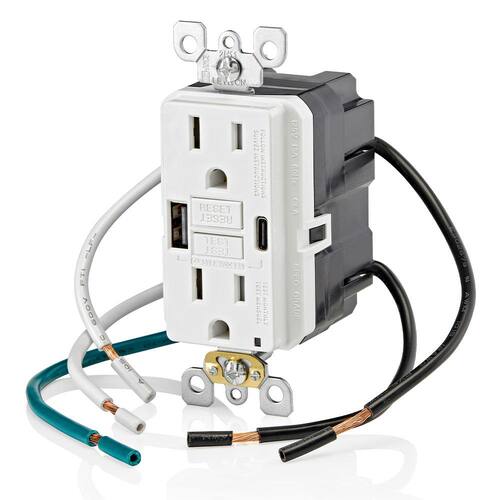 GFCI Combination Duplex Outlet 15 Amp SmartlockPro Self-Test White with Type A/C USB In-Wall Charger 24-Watt (4.8 Amp)