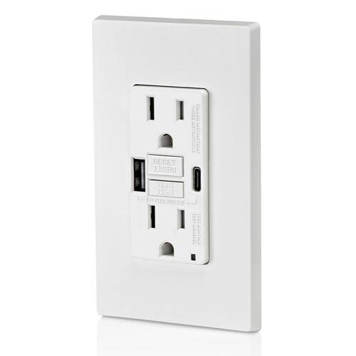 GFCI Combination Duplex Outlet 15 Amp SmartlockPro Self-Test White with Type A/C USB In-Wall Charger 24-Watt (4.8 Amp)