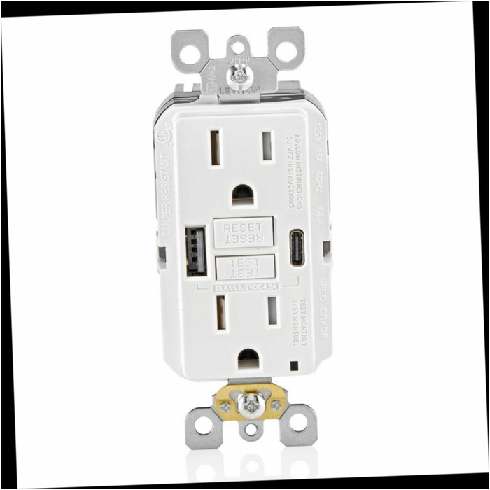 GFCI Combination Duplex Outlet 15 Amp SmartlockPro Self-Test White with Type A/C USB In-Wall Charger 24-Watt (4.8 Amp)