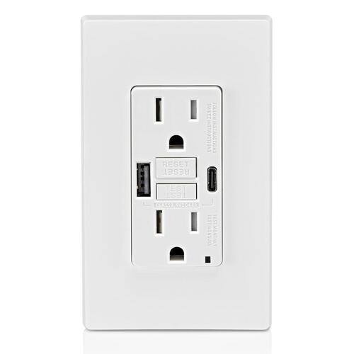 GFCI Combination Duplex Outlet 15 Amp SmartlockPro Self-Test White with Type A/C USB In-Wall Charger 24-Watt (4.8 Amp)