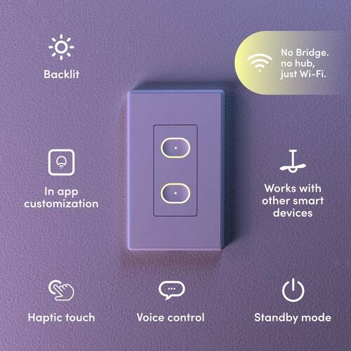 Light Switch Smart Wi-Fi Touch 1-Pole 2-Buttons White Works with Alexa/Hey Google/HomeKit/Siri