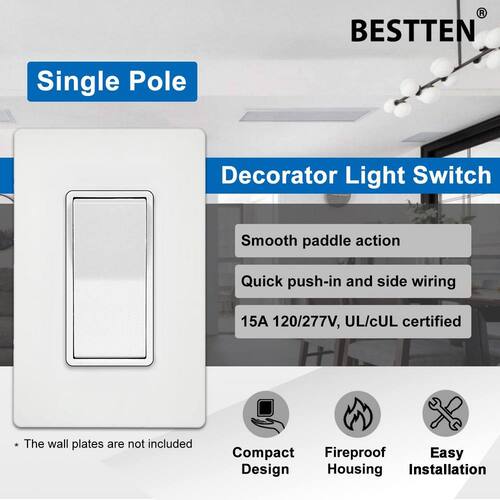 Rocker Light Switch Single-Pole Illuminated Antimicrobial White 15 Amp 120/277-Volt UL Listed 10-Pack