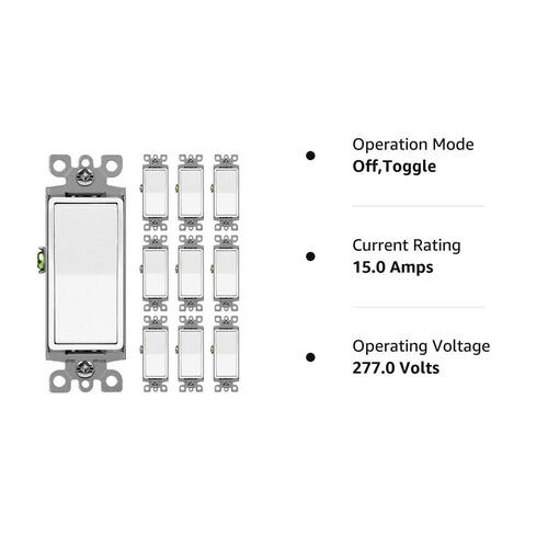 Rocker Light Switch Single-Pole Illuminated Antimicrobial White 15 Amp 120/277-Volt UL Listed 10-Pack