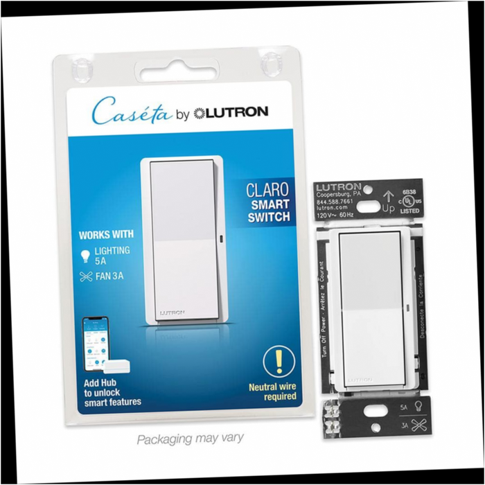 Smart Switch On/Off Control of Lights/Fans, 5-Amp/Neutral Wire Required, White for Caseta Claro (DVRF-5NS-WH-R)