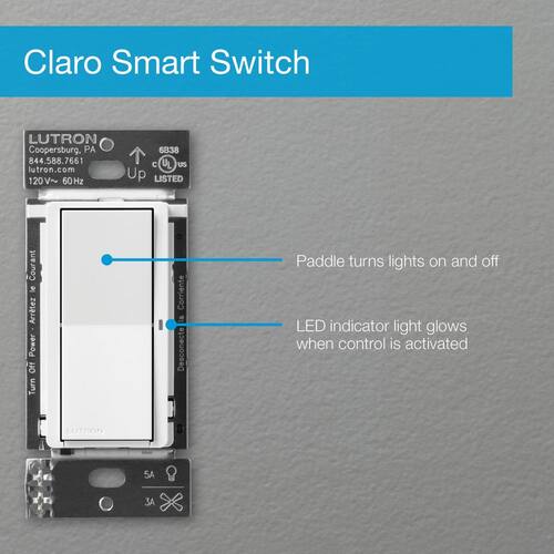 Smart Switch On/Off Control of Lights/Fans, 5-Amp/Neutral Wire Required, White for Caseta Claro (DVRF-5NS-WH-R)