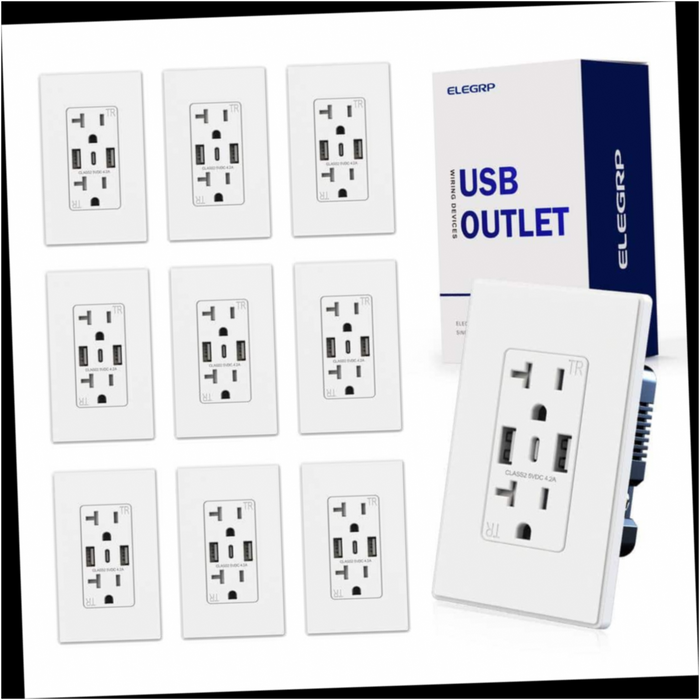 Wall Outlet 21W w/Dual Type A and Type C USB Ports, 20 Amp Tamper Resistant with Wall Plate BLK (10 Pack)