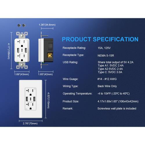 Wall Outlet 21W w/Dual Type A and Type C USB Ports, 20 Amp Tamper Resistant with Wall Plate BLK (10 Pack)